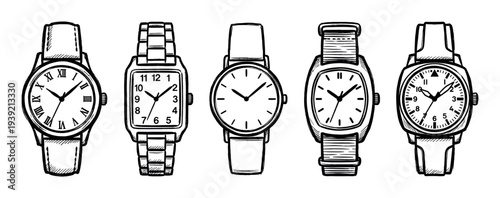 Set of five hand-drawn wristwatches in a black and white sketch style, showing a variety of classic and modern designs with different faces and straps in a neat row