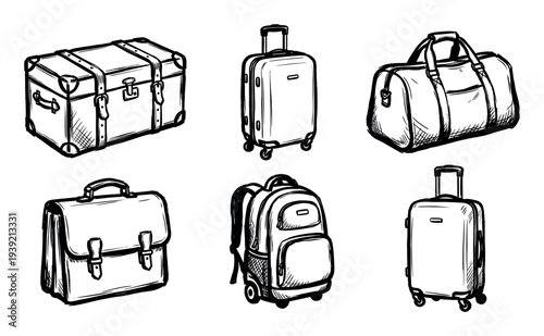 Hand-drawn set of various luggage bags including a suitcase, trunk, backpack, and briefcase in a black and white sketch illustration style for travel and business concepts