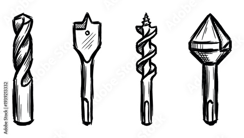 Set of various drill bit attachments for a power tool, hand-drawn in a simple black ink sketch style, featuring twist, spade, auger, and countersink designs