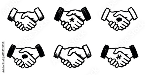 Set of six hand-drawn handshake icons representing partnership, agreement, and communication in a sketchy black and white doodle style with symbols like stars and hashtags