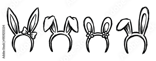 Set of four hand-drawn bunny ear headbands with different designs including a bow and flowers, illustrated in a black and white sketch style for an Easter costume