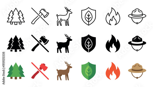 Collection of forest ranger icons in line, glyph, and flat color styles representing wildlife, conservation, fire safety, and forestry service symbols for graphic design