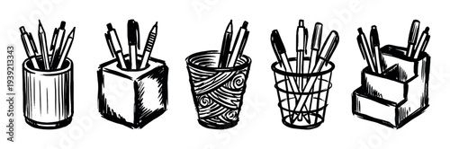 Set of five hand-drawn pen and pencil holders in a bold ink sketch style, showcasing various designs of office stationery organizers for writing instruments and supplies