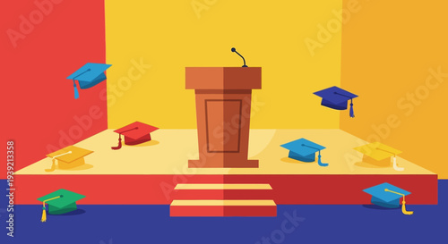 Podium with Microphone and Graduation Caps.