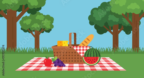 Picnic Basket with Fruits and Watermelon.