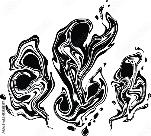 Abstract black and white swirling liquid shapes create an intriguing organic pattern element