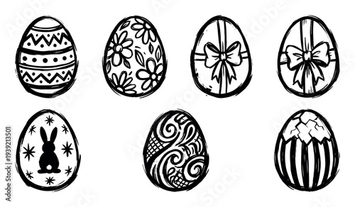 Set of seven hand-drawn Easter eggs with various decorative patterns like flowers, bunnies, and ribbons in a black ink brush stroke sketch illustration style for the holiday