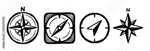Set of four hand-drawn compass rose icons in a rough sketch style, a collection of navigation and wind rose symbols for concepts of travel, direction, and exploration