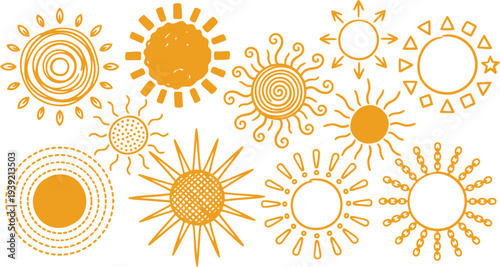 A cheerful group of diverse sun graphic elements and icons with radiating warmth