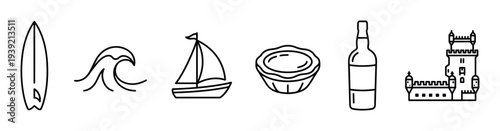 Set of minimalist black line art icons depicting travel and cultural symbols including a surfboard, ocean wave, sailboat, custard tart, wine bottle, and historic fortress tower