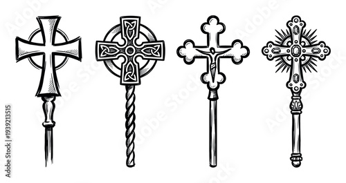Four hand-drawn Christian crosses in a black ink sketch style, featuring a Celtic knot design, a crucifix, and other ornate religious symbols on long ceremonial staffs