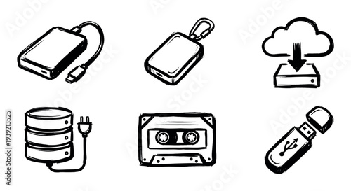 Six black and white hand-drawn icons representing various data storage devices and concepts like a hard drive, flash drive, cloud, database, and cassette tape in a sketch style