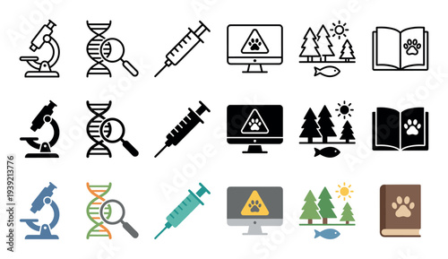 Collection of veterinary and biology icons in three different styles including line, glyph, and flat color for science, research, and animal conservation concepts