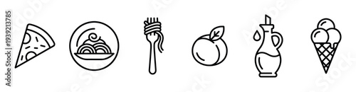 Set of food line art icons representing popular Italian cuisine dishes and ingredients like pizza, spaghetti, olive oil, fruit, and ice cream in a simple minimalist vector style