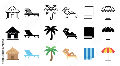 Set of summer beach vacation icons in line, glyph, and flat color styles, illustrating a tropical hut, palm tree, lounge chair, relaxing person, towel, and umbrella