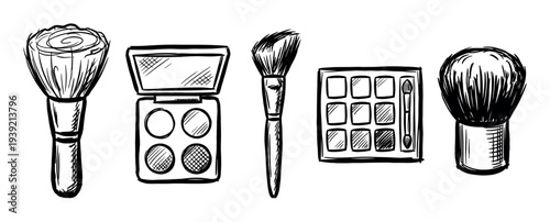 Hand-drawn makeup brushes and cosmetic palettes set in a black and white sketch style, featuring eyeshadow, blush, powder brush, and applicator for a beauty concept illustration