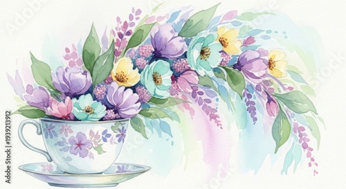 Elegant floral arrangement on a vintage teacup with delicate watercolor background