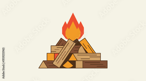 Illustration of burning firewood with flames in a campfire setting viewed from the front