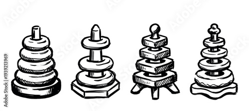 Four hand-drawn stacking ring toys in a black ink sketch style, showcasing a collection of classic pyramid shapes for early childhood development and playful learning