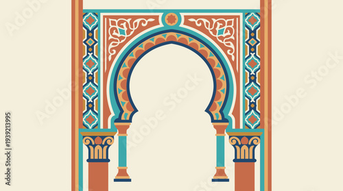 Ornate Archway Illustration Featuring Geometric Patterns and Cultural Heritage in a Traditional Setting from a Frontal Viewpoint