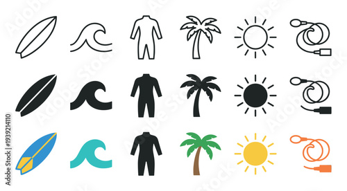Set of surfing and beach icons in three different styles including line art, solid silhouette, and flat color vector illustrations for summer vacation and water sports