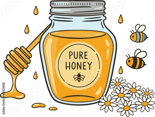 A delightful jar of pure golden honey with a wooden dipper buzzing bees and white daisies