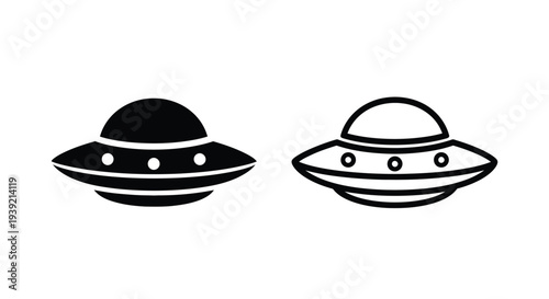 Two black ufo illustrations with distinct line styles a striking silhouette
