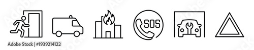 Six black linear icons for emergency services representing evacuation, ambulance, building fire, SOS call, car repair, and a warning sign in a minimalist graphic style