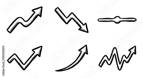 Hand-drawn black sketch arrows and chart elements showing various business trends like growth, decline, stability, and volatility in a simple doodle style infographic set