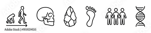Set of black line icons illustrating human evolution with symbols like a skull, stone tool, footprint, people, and DNA helix representing anthropology and science