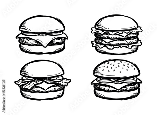 Four different hand-drawn burgers in a sketch style, including a cheeseburger, double patty, bacon, and onion burger, presented as a monochrome ink doodle illustration set