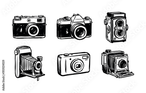 Hand-drawn set of six vintage cameras in a bold black and white sketch illustration style, featuring classic photography equipment like SLR, TLR, and folding models
