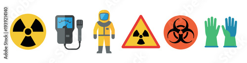 Set of hazardous material safety icons including a radiation symbol, Geiger counter, hazmat suit, warning sign, biohazard symbol, and protective gloves in a flat design style