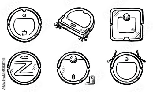 Set of six robot vacuum cleaner icons in a hand-drawn sketch style showing various models of modern smart home appliances for automated floor cleaning and housekeeping