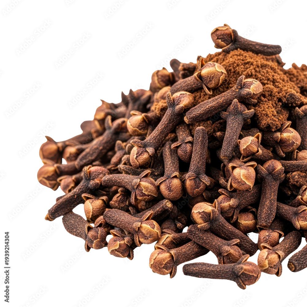 Fototapeta premium Pile of whole and ground cloves on white background