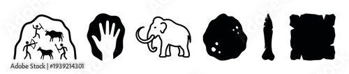 Set of black prehistoric icons showing a cave painting, handprint, mammoth, stone, bone, and ancient scroll representing the Stone Age and early human history
