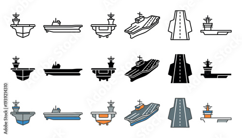 Aircraft carrier warship icon set collection showing multiple views and styles including line art, glyph, and color for graphic design elements