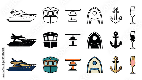 Yacht and boat icon set collection featuring a motorboat, anchor, radar, and champagne glass in three distinct vector styles: line art, solid glyph, and full color