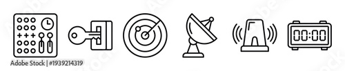 Set of six black line icons representing technology and security concepts like a control panel, key, radar, satellite dish, alarm, and digital clock in a minimalist style