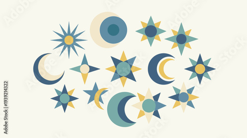 Celestial bodies illustration featuring moon, sun, stars, galaxy, and cosmos in a harmonious arrangement
