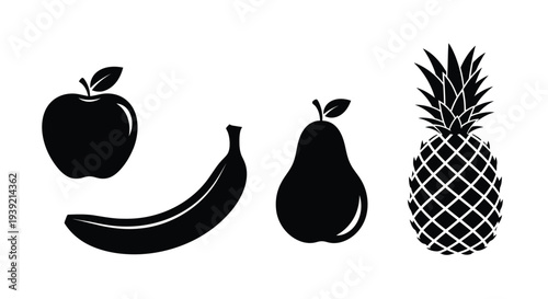Black fruit collection featuring apple banana pear and pineapple silhouette