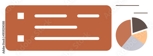 Business planning, analytics, data presentation, workflow organization, productivity tracking, corporate reporting. Checklist with text boxes alongside a pie chart. Business planning and analytics