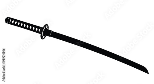 A sharp katana sword lies horizontally showcasing its elegant silhouette