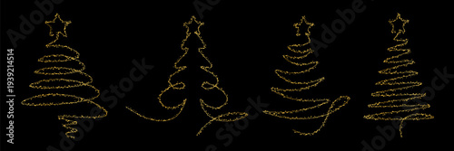 Four golden christmas trees formed from sparkling lights against a solid black background, festive holiday illustration
