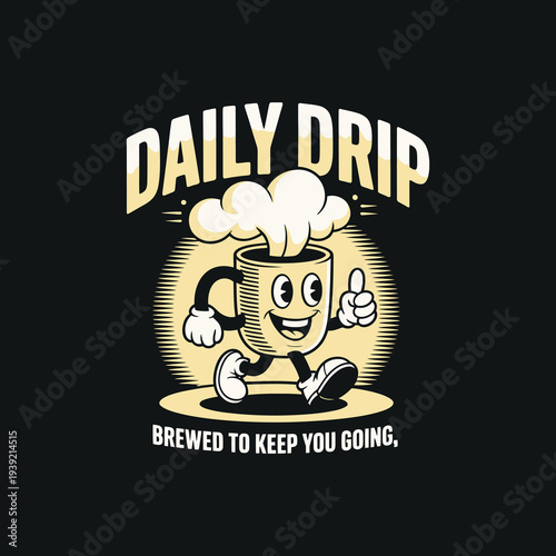 Vintage coffee mug character with daily drip typography for cafe branding
