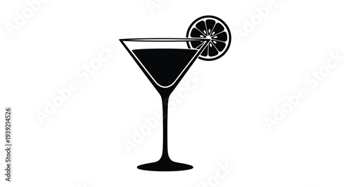 A classic martini glass with a lemon slice depicted as a silhouette