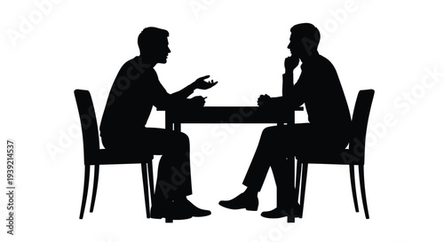 Two men engaged in conversation across a table black silhouette