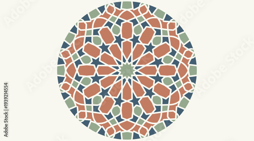 Intricate mosaic pattern with floral design in circular shape viewed from directly above
