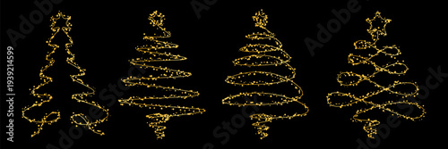 Four golden christmas trees formed from sparkling lights against a solid black background, festive holiday illustration