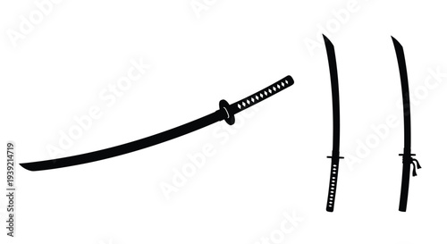 Three japanese swords displayed against a plain white background silhouette